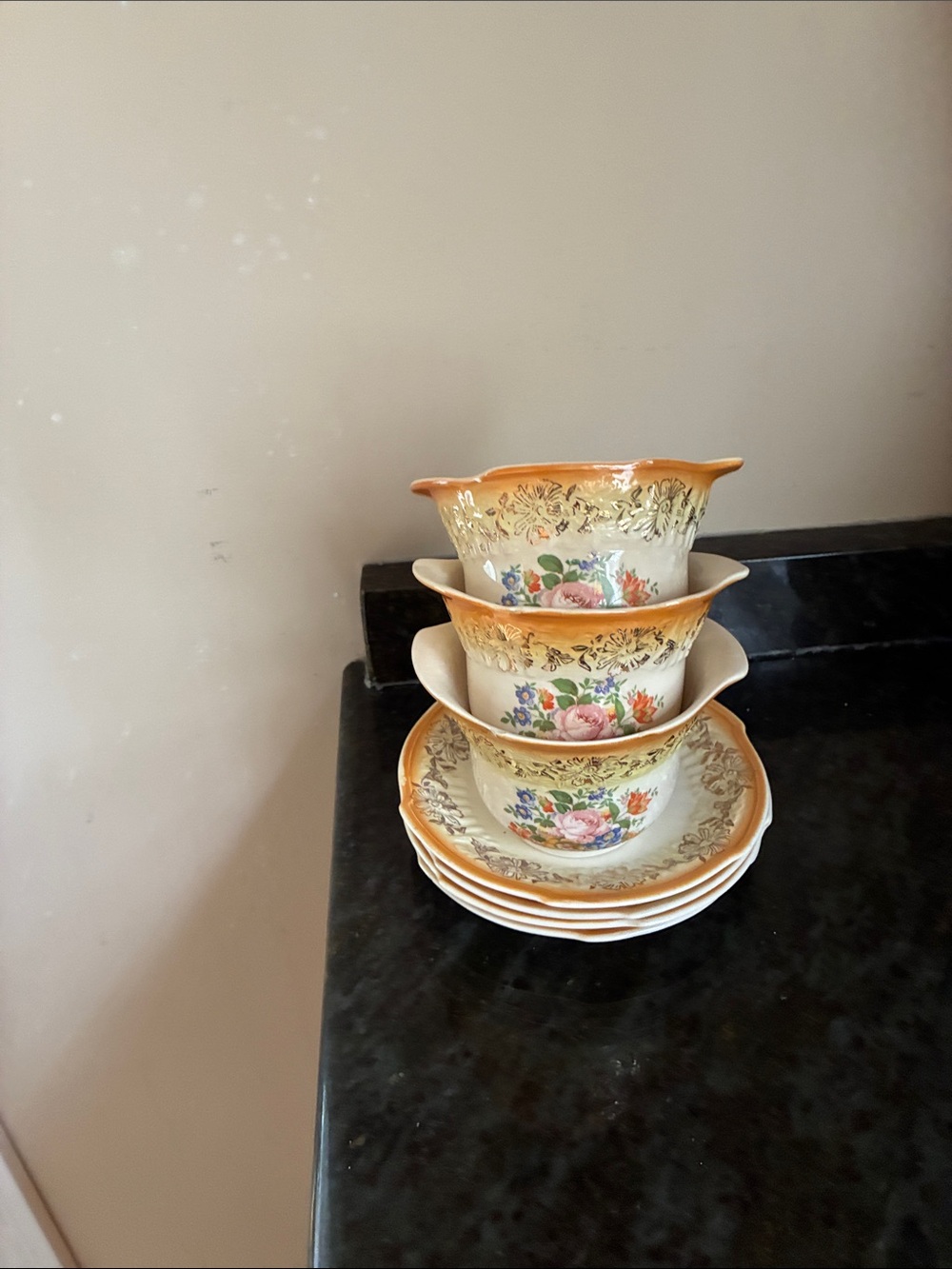 Porcelain Floral Cups and Saucers Set in Cream and Orange